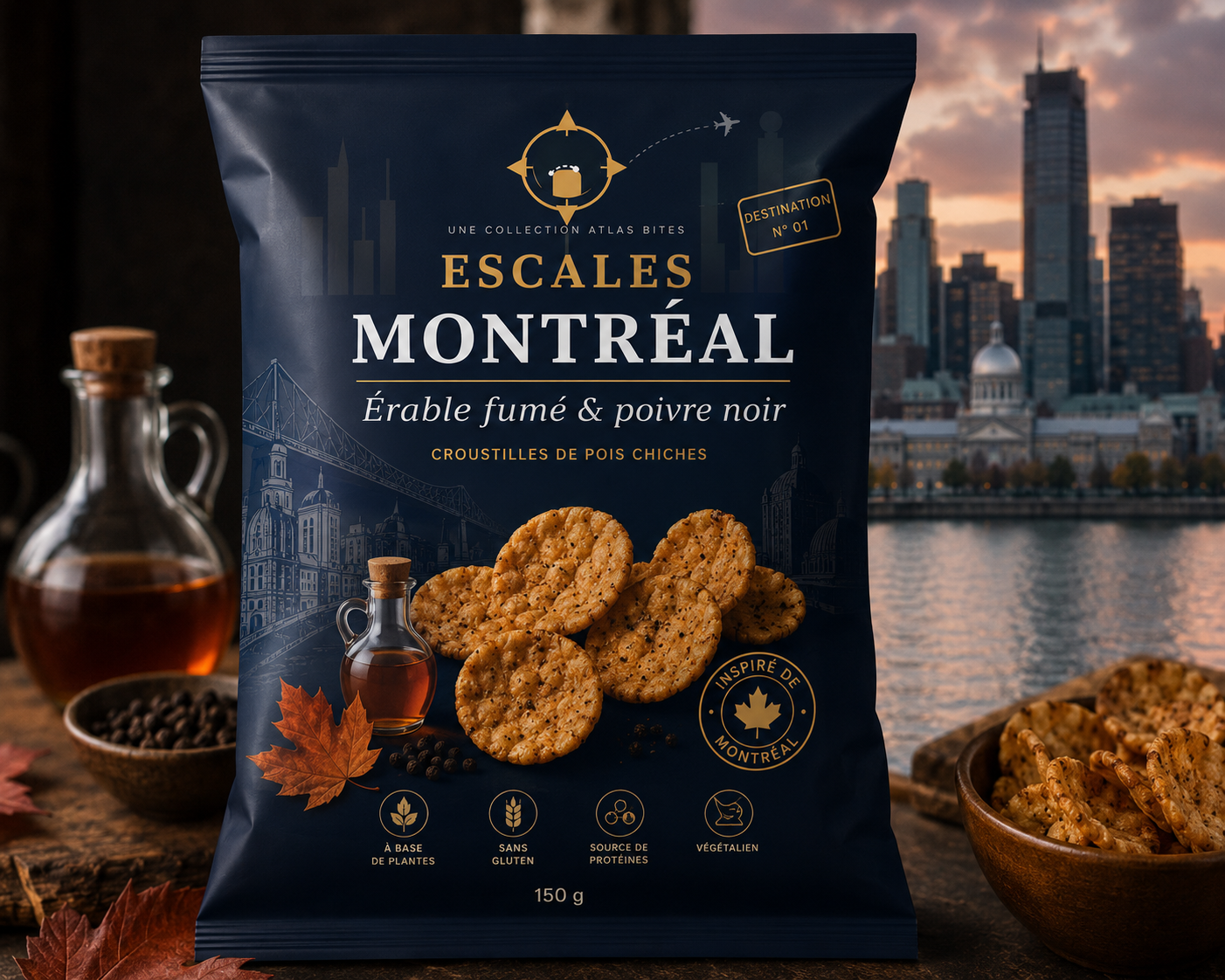 Sachet Escales Montréal — Érable fumé & poivre noir, devant le skyline de Montréal