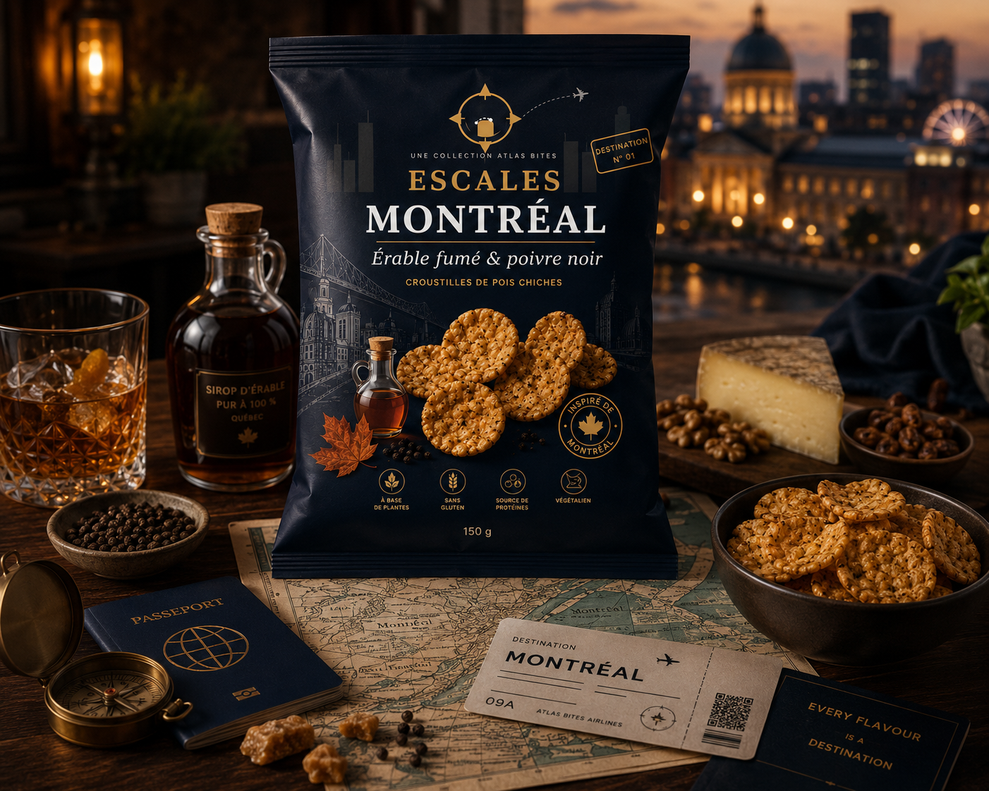 Scène d'apéro Escales Montréal : sachet, passeport, carte et billet de saveurs
